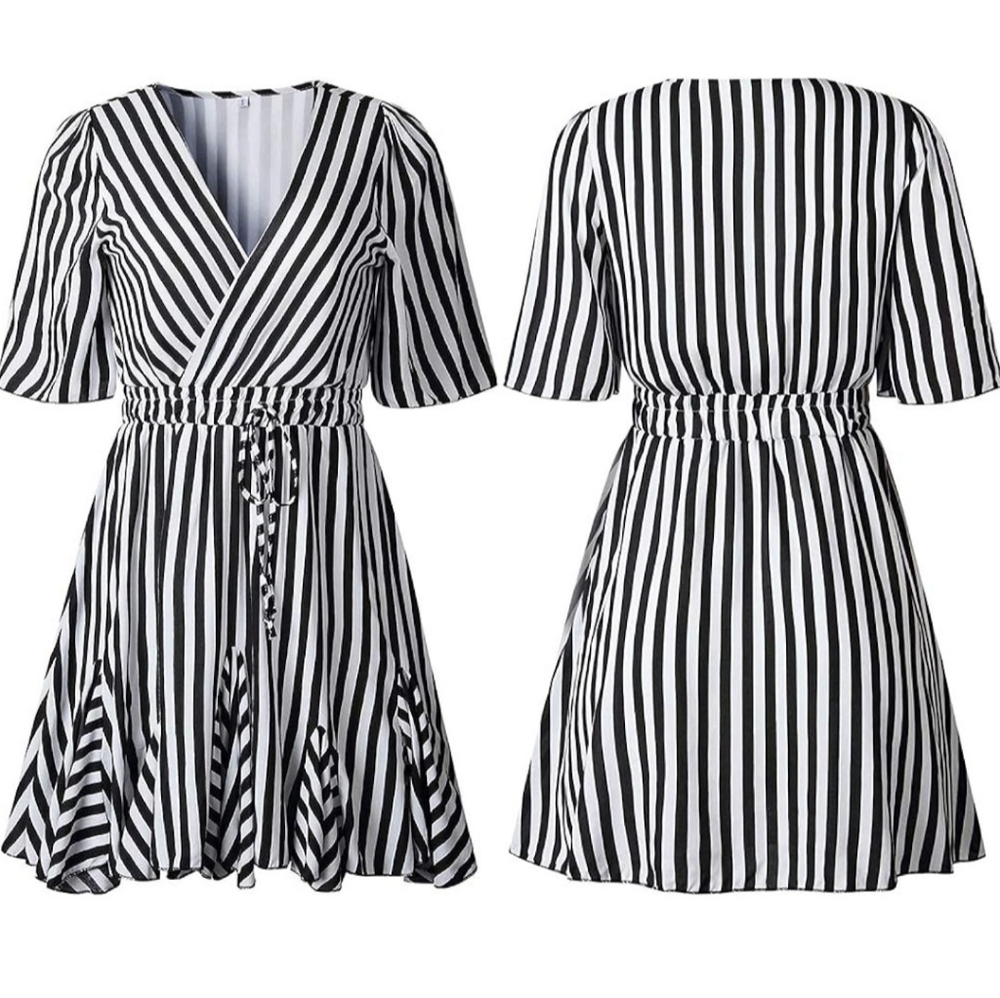 PRETTYGARDEN Womens Striped Wrap V Neck Ruffle Hem Mini Skater Dresses